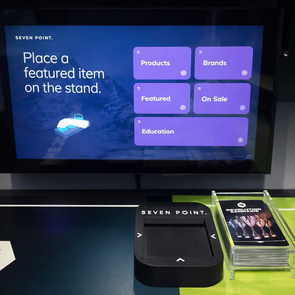 Seven Point retail installation showing the interactive display screen, NFC reader base, and branded category station hardware in use