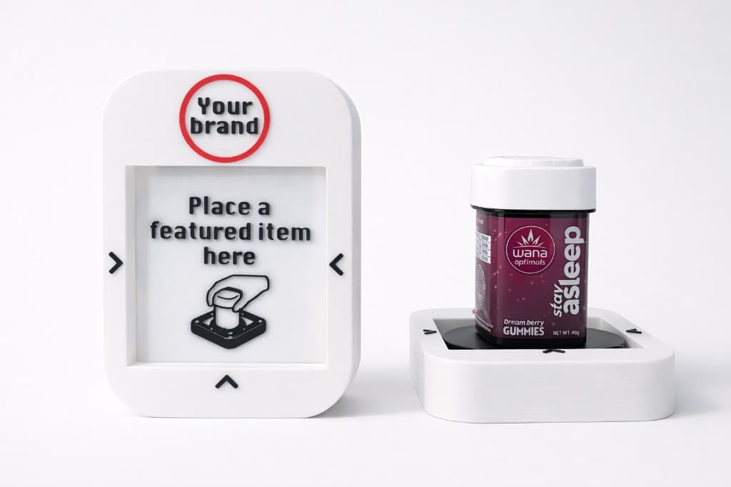 White branded NFC reader cover and matching base product render with sample package placed on the stand